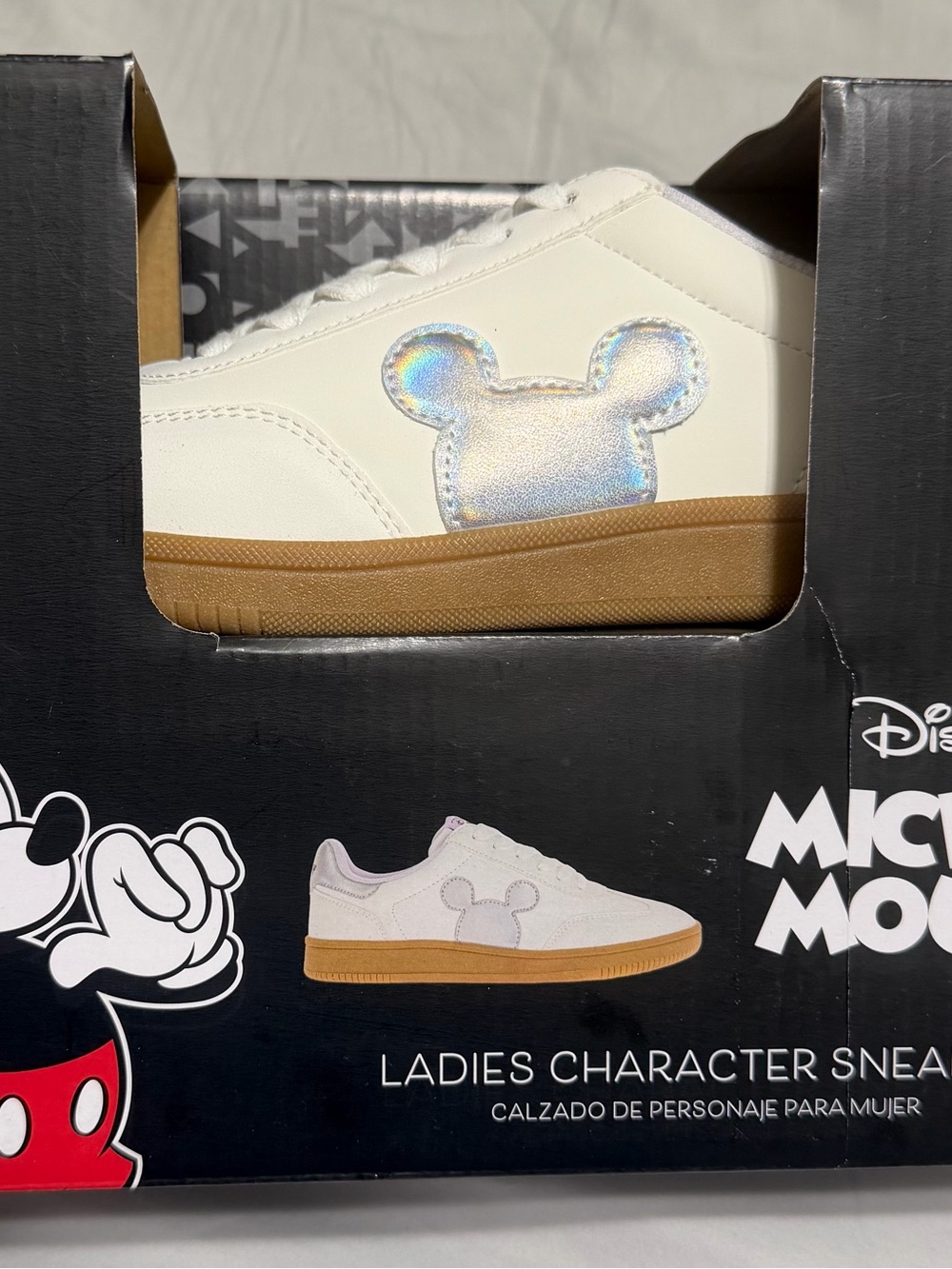 Disney Kids White Sneakers with Holographic Mickey Accent and Gum Sole